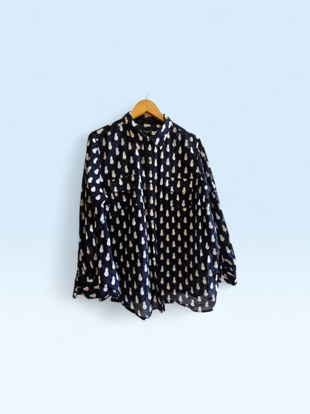 Talbots Navy Button-Up Top with White Pineapple Print